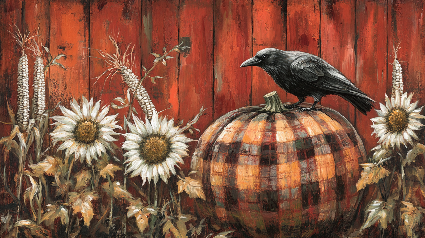 Plaid pumpkin, sunflowers, raven, cornstalks