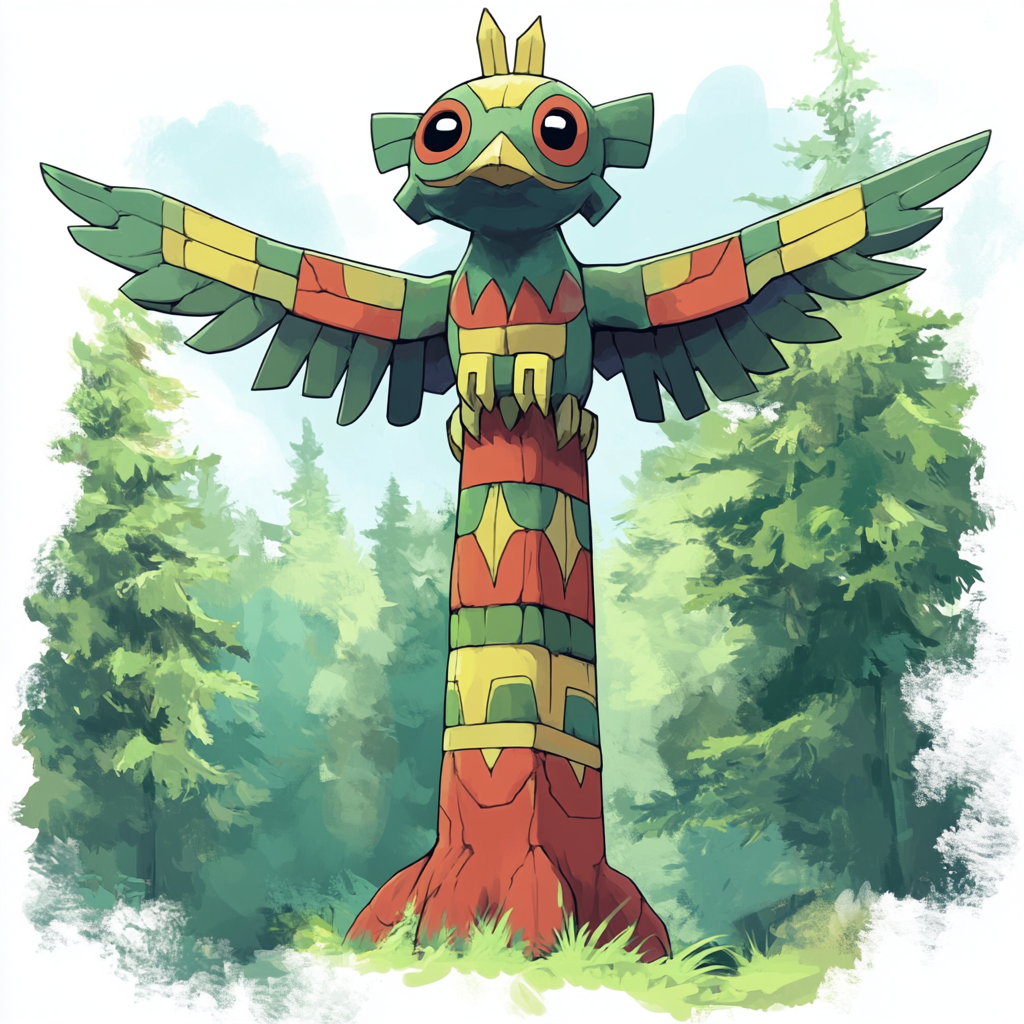 pokemon evolving in forest background, resembling totem pole.