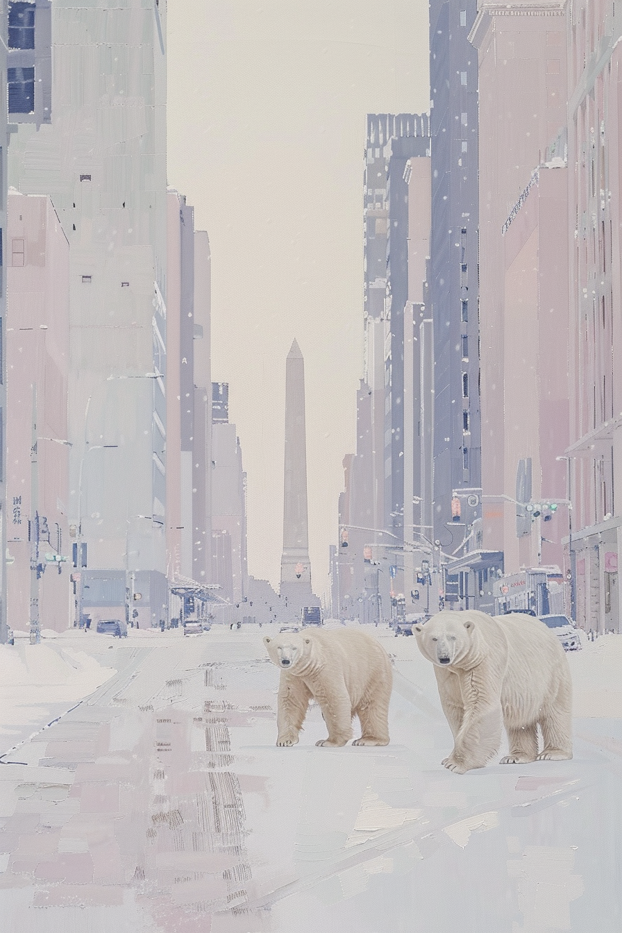 polar bears in street with Buenos Aires obelisk background.