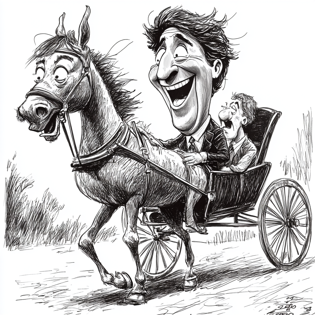 Trudeau laughing on carriage political cartoon