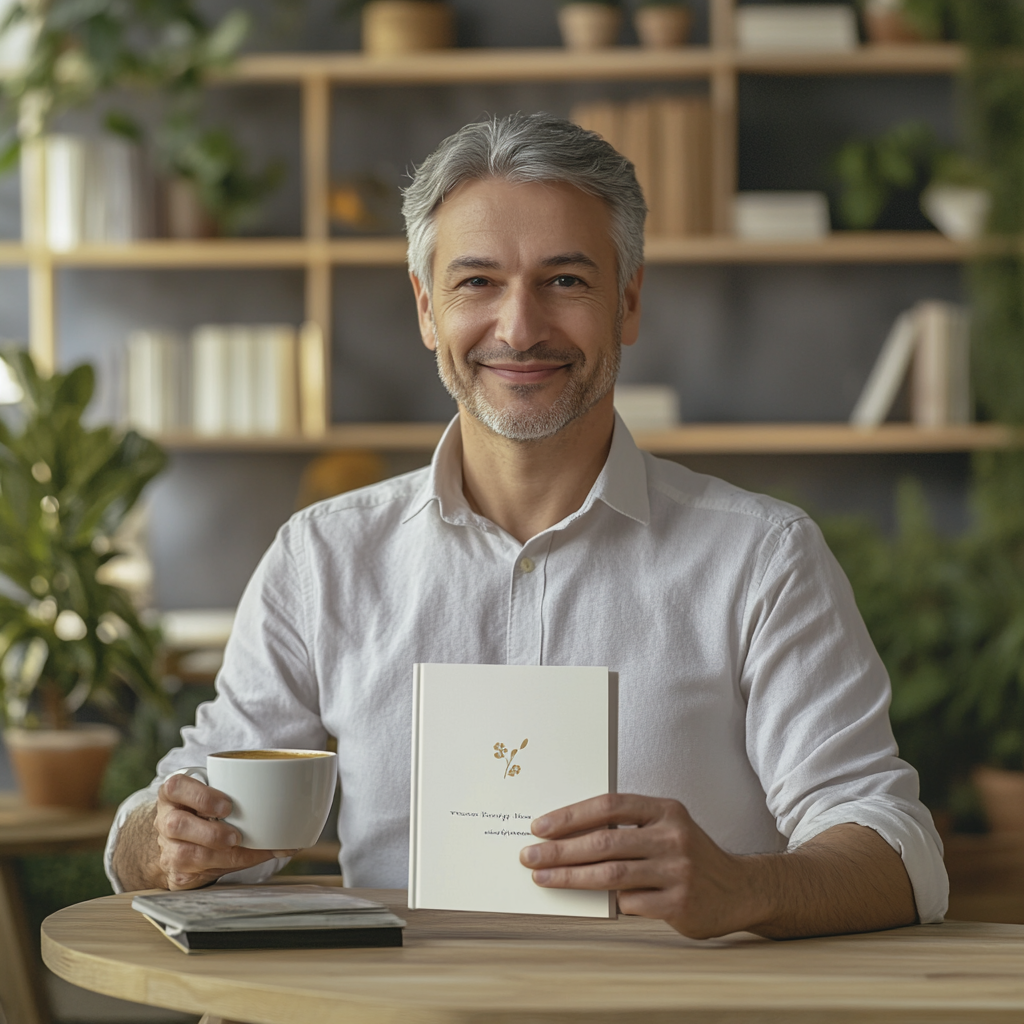 Middle aged psychologist presenting elegant book