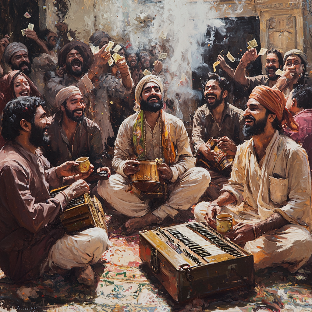 Qawwals playing harmonium and drinking chai