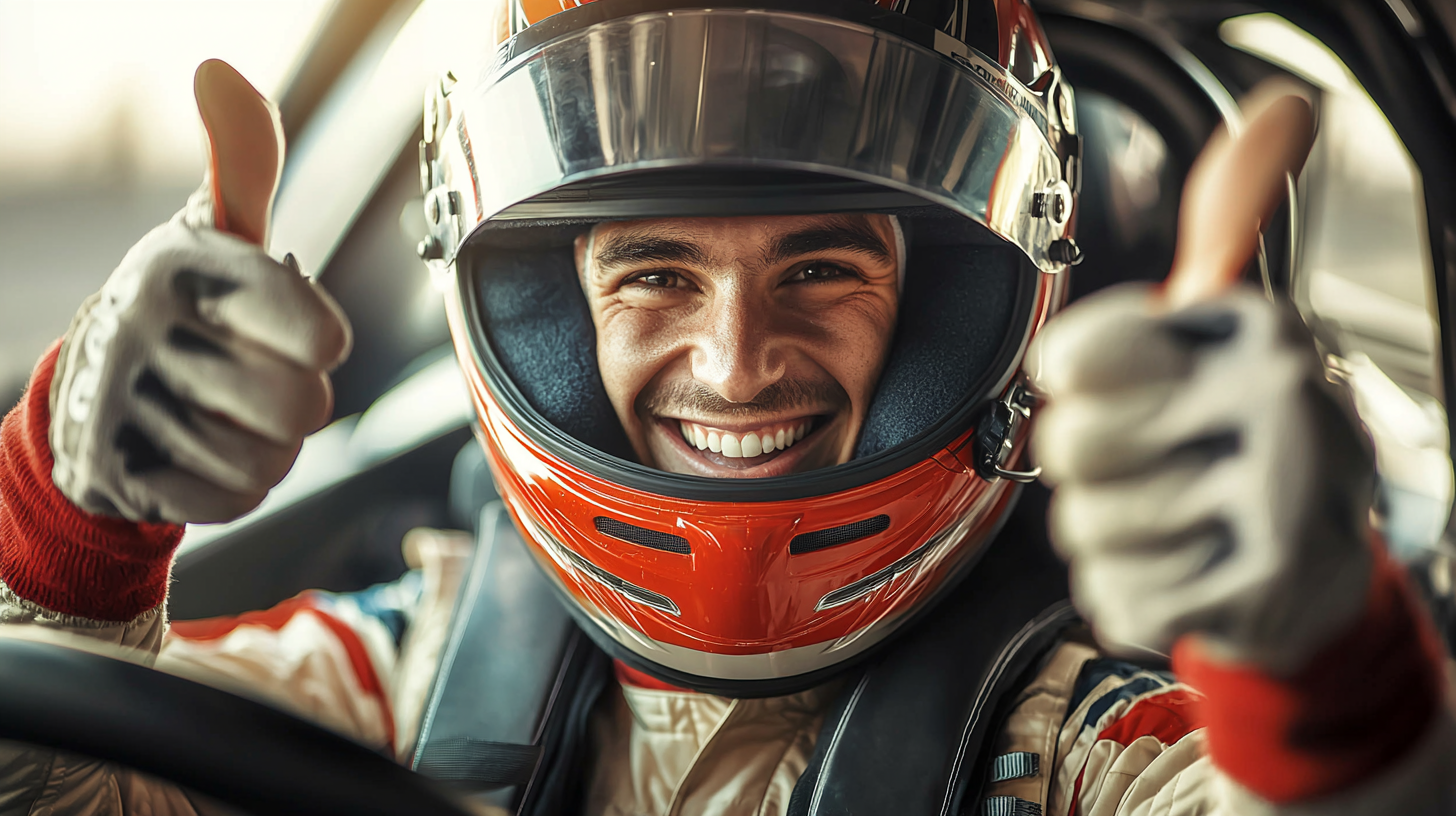 Racecar driver with thumbs up