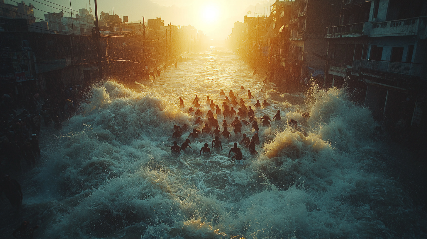 People in raging flood waters