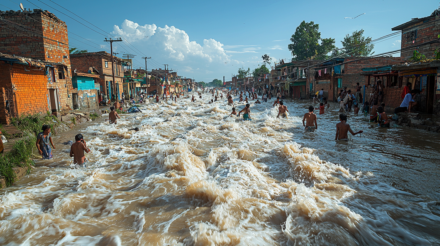 people in raging flood river