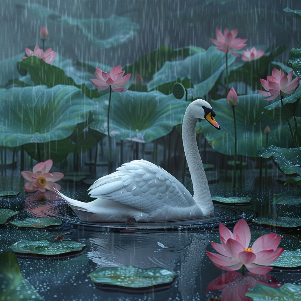 realistic white swan in lotus pond after rainstorm.