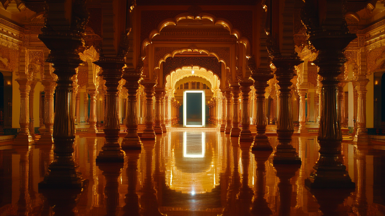 rectangle mirror in golden palace at night time.