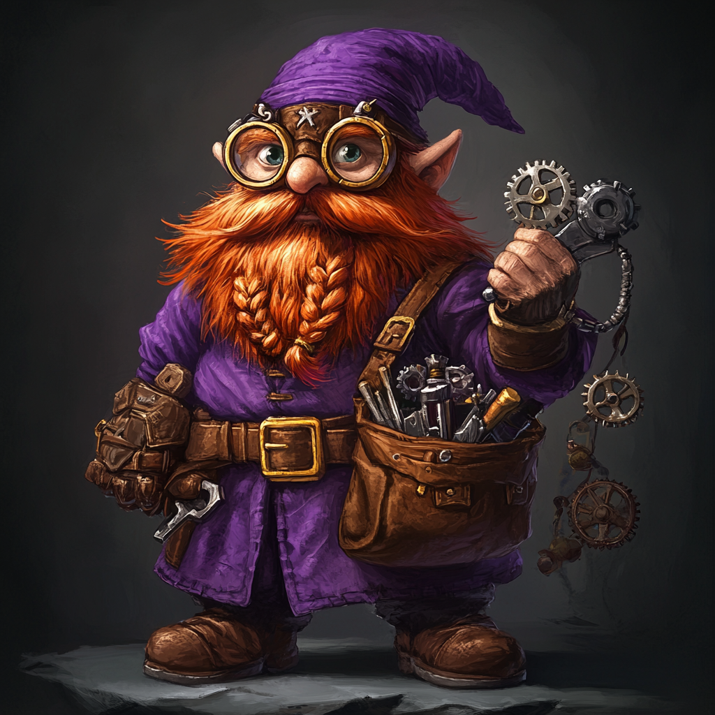 red-haired gnome wizard with wrench and goggles carries gears