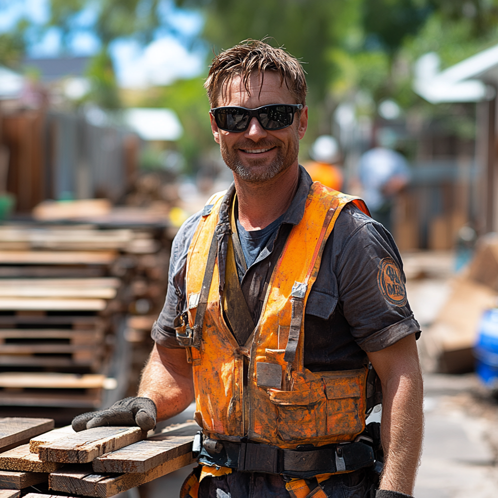 Redheaded man carrying wood skip bin