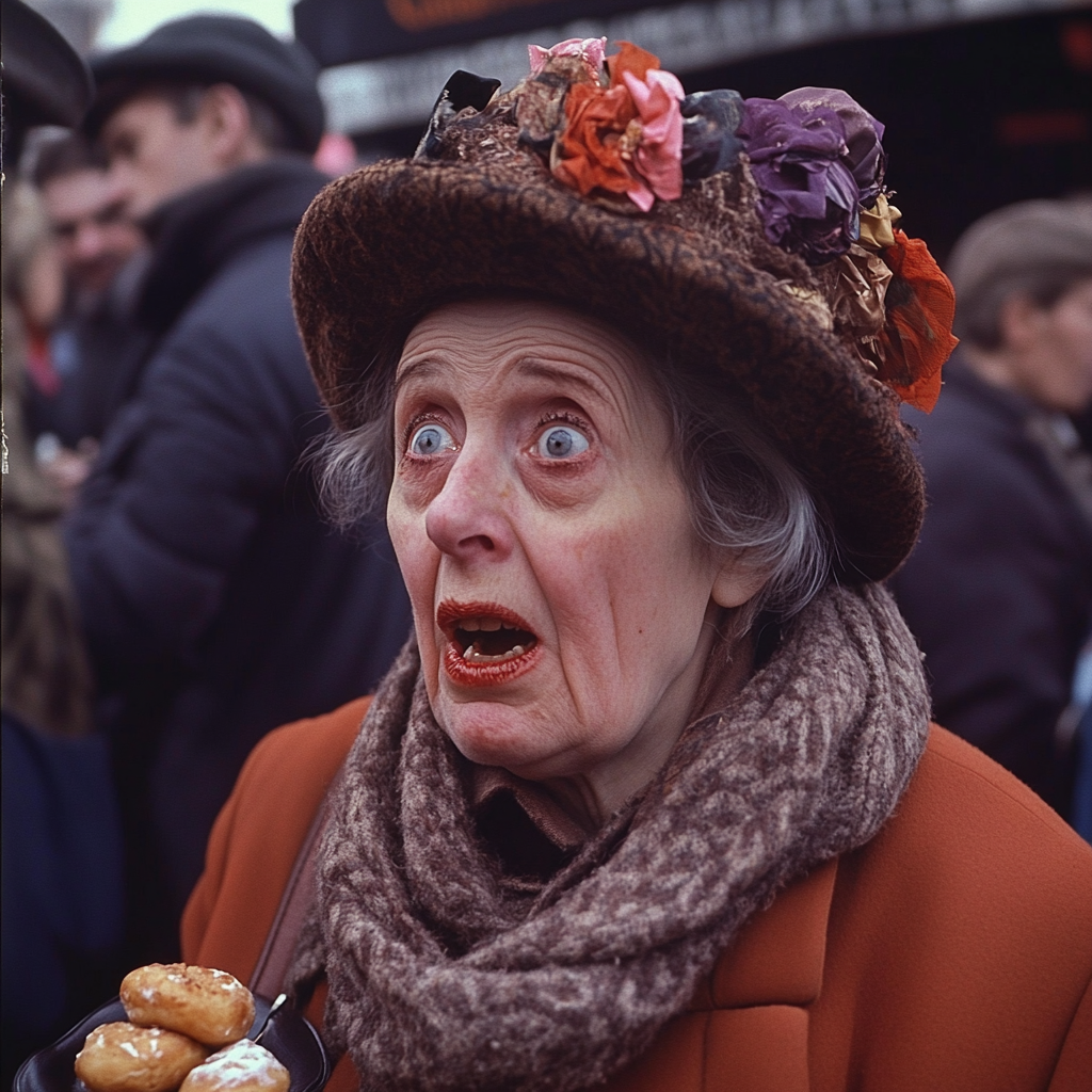 Older woman messy lipstick doughnut