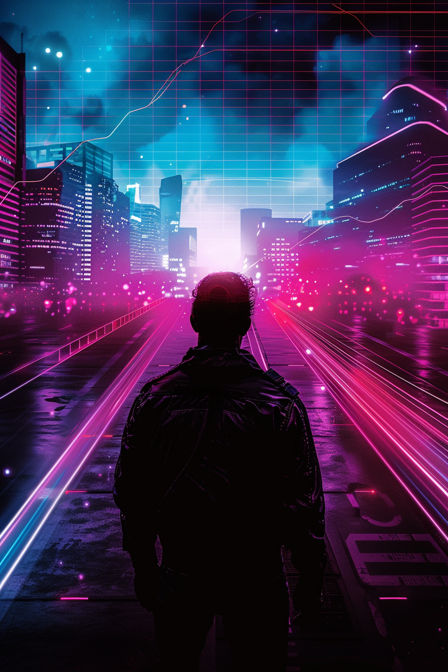 Neon Cyberpunk Cityscape Silhouette Design