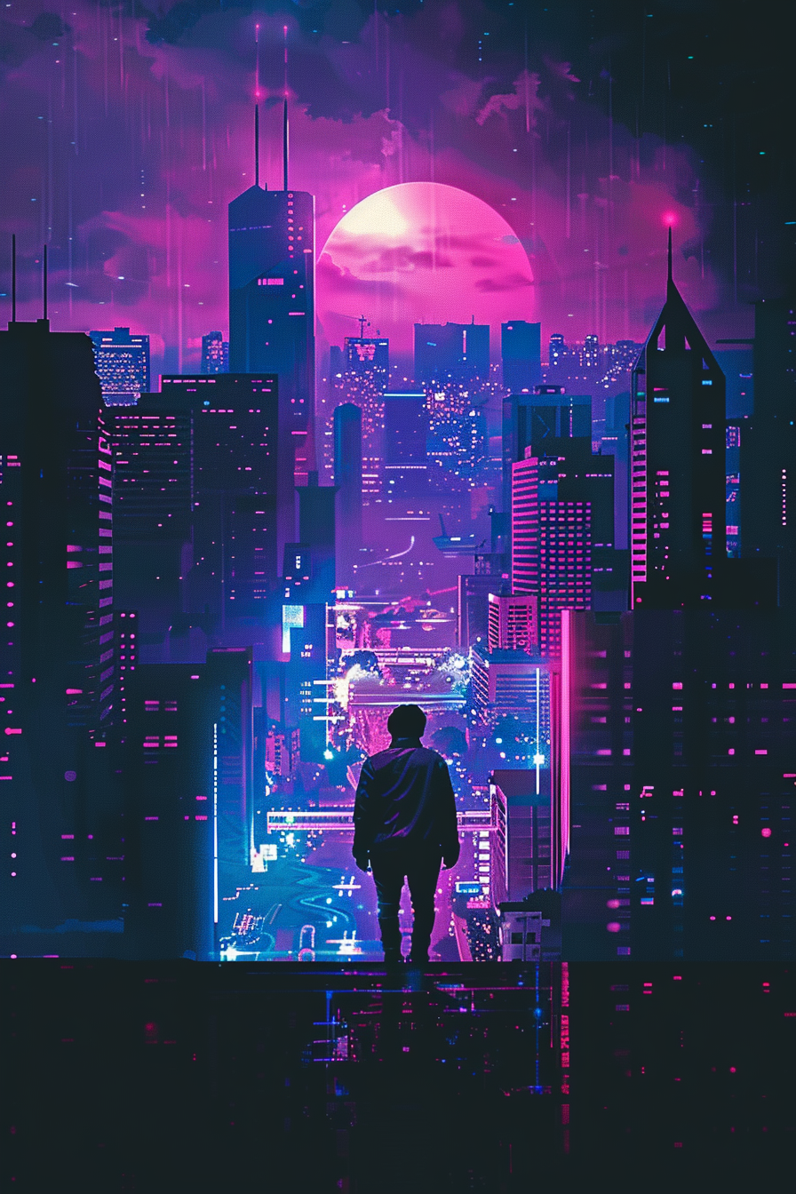 Silhouetted figure in neon cityscape