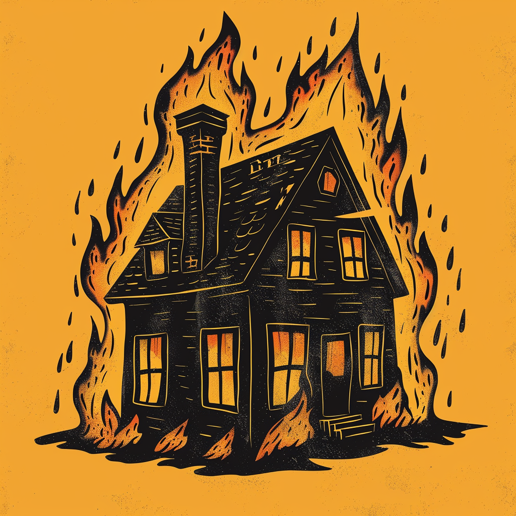 Retro Style House Flames Cartoon