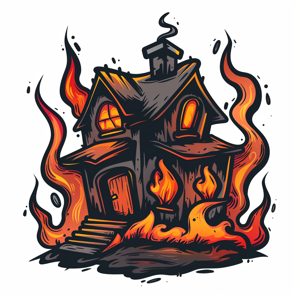 Retro house mascot drawing flames