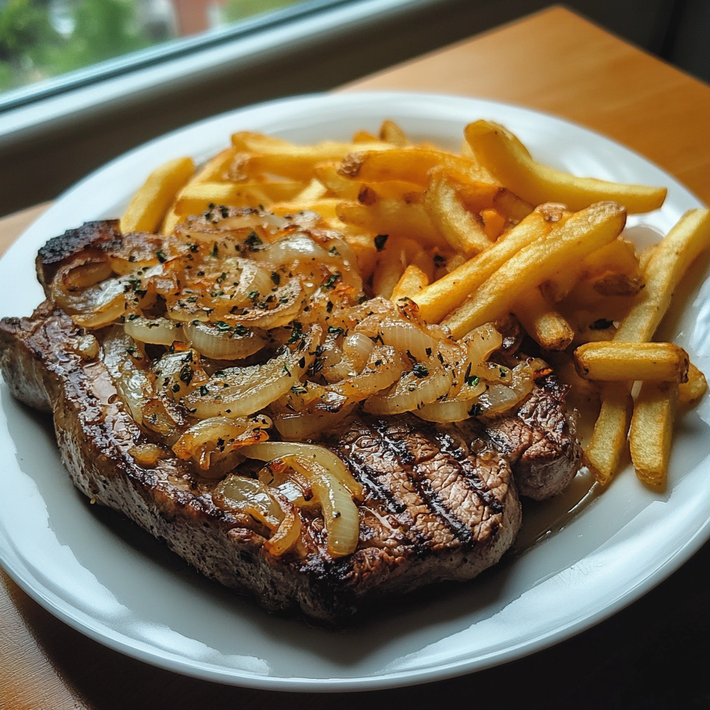 ribeye steak french onions fries