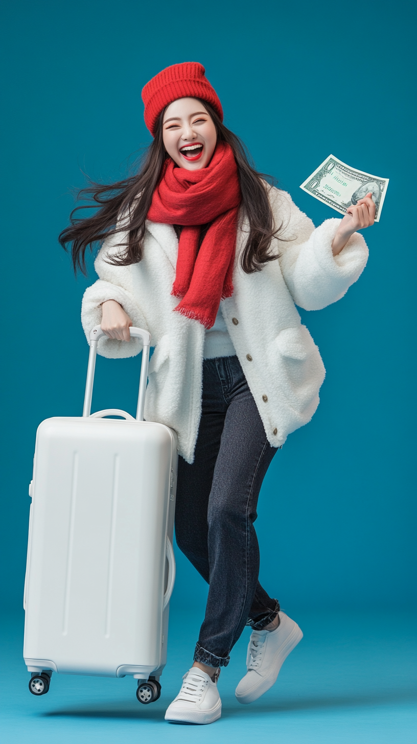 Fashionable Asian Woman With Money and Suitcase