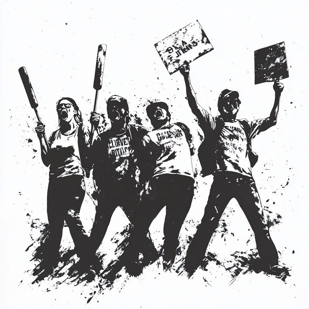 Rioters protest with weapons stencil