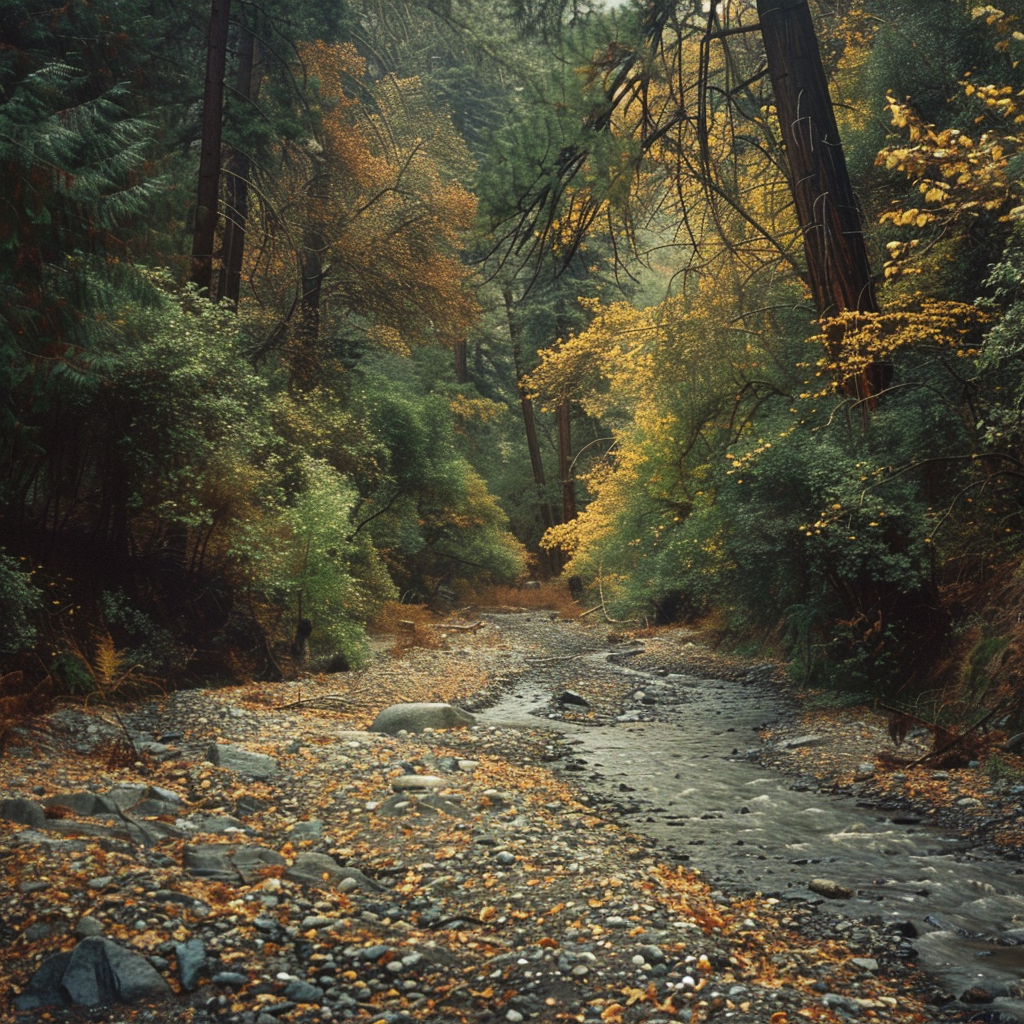 river bed in Autumn with surrounding forest trees