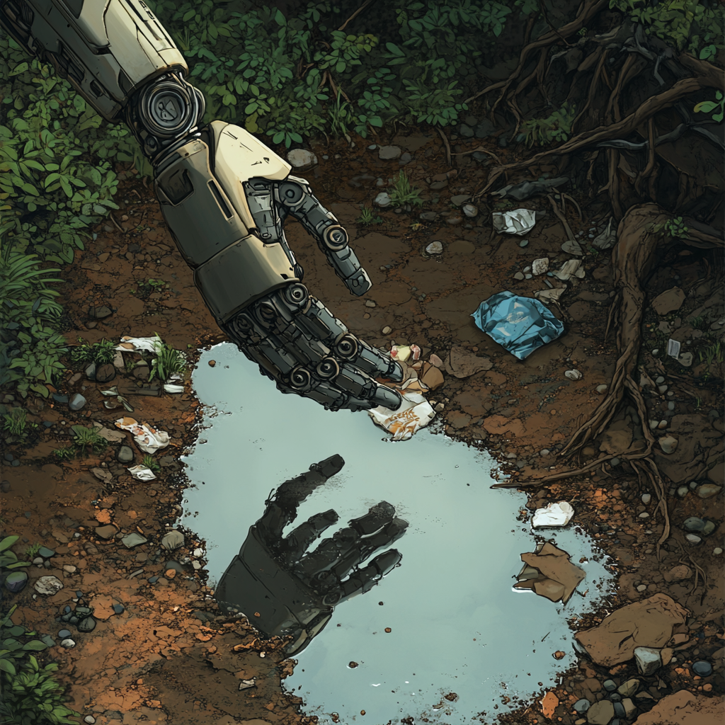 robot hand picking up garbage, reflection of giant aborigines.