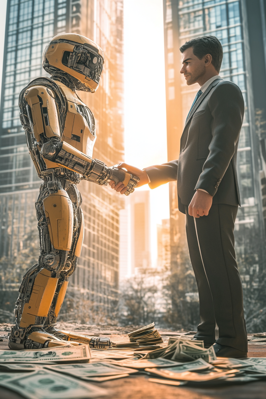 Robot shaking hands with man