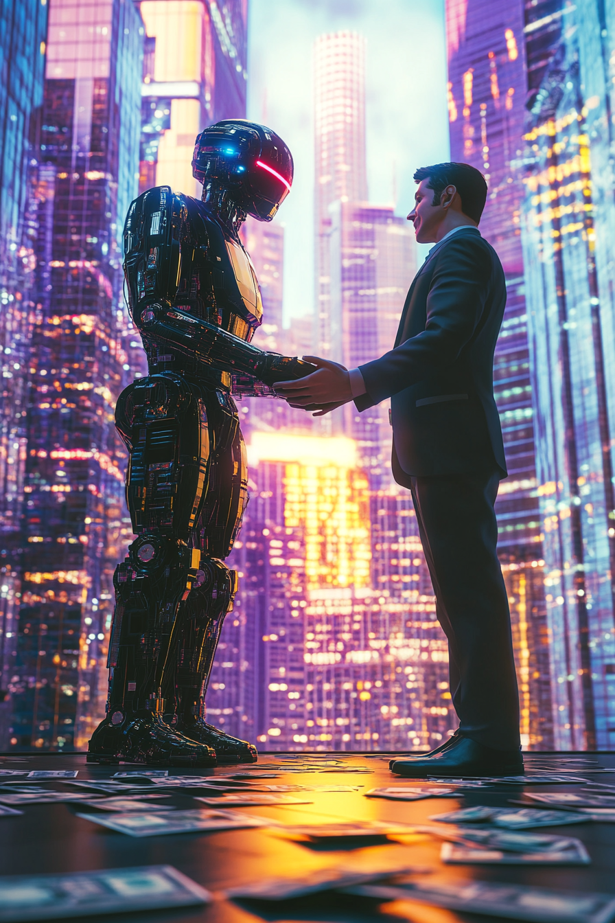 Robot shaking hands with businessman