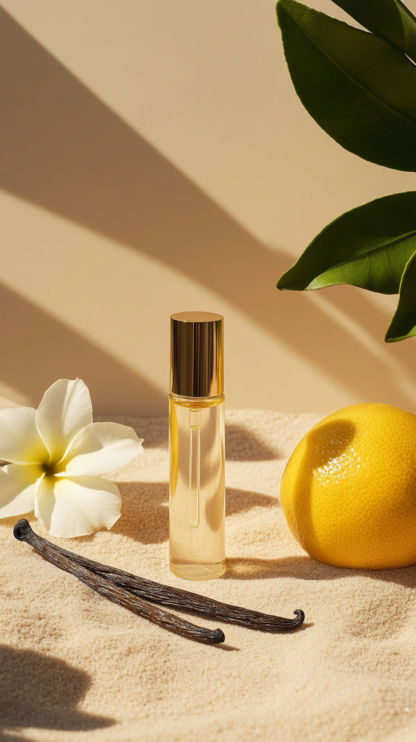 Roller-ball perfume bottle on sandy surface