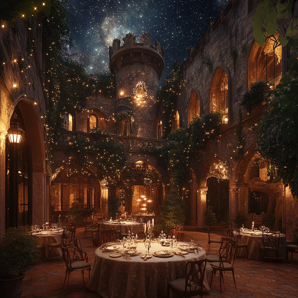 romantic castle dinner with twinkle lights and stars viewing