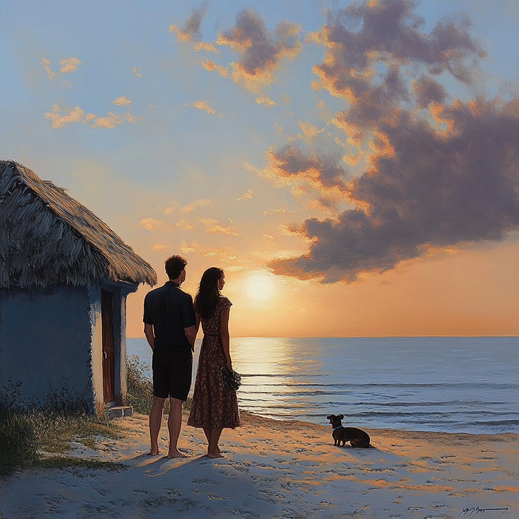 Couple on beach at sunrise