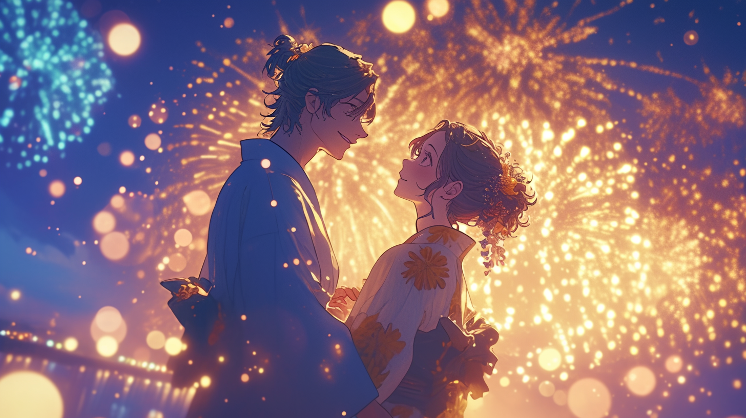 Romantic Couple Watching Fireworks Together