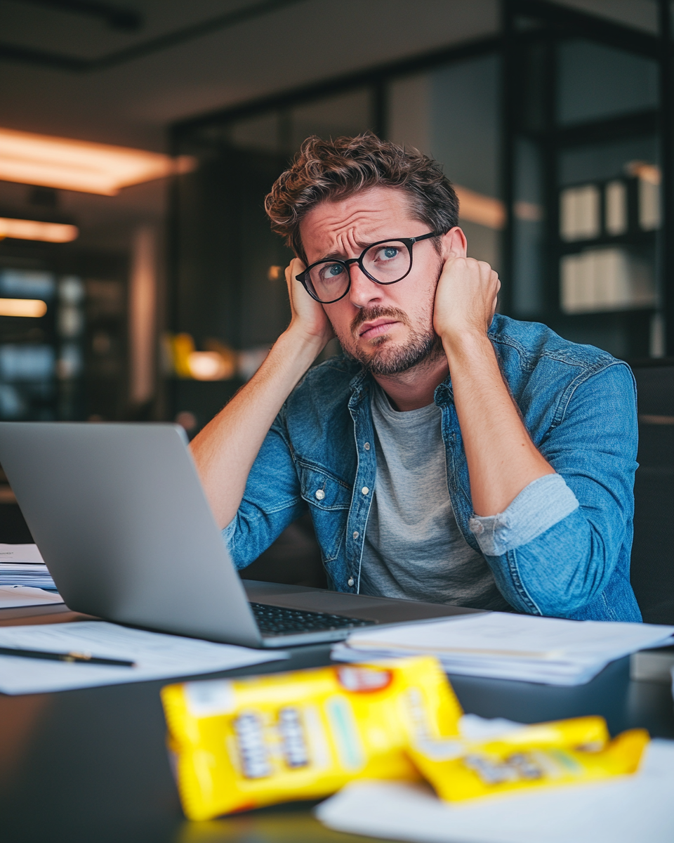 man sad office desk laptop