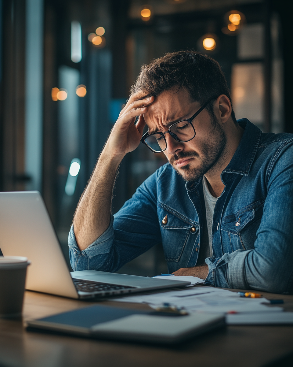 Sad man at desk with laptop