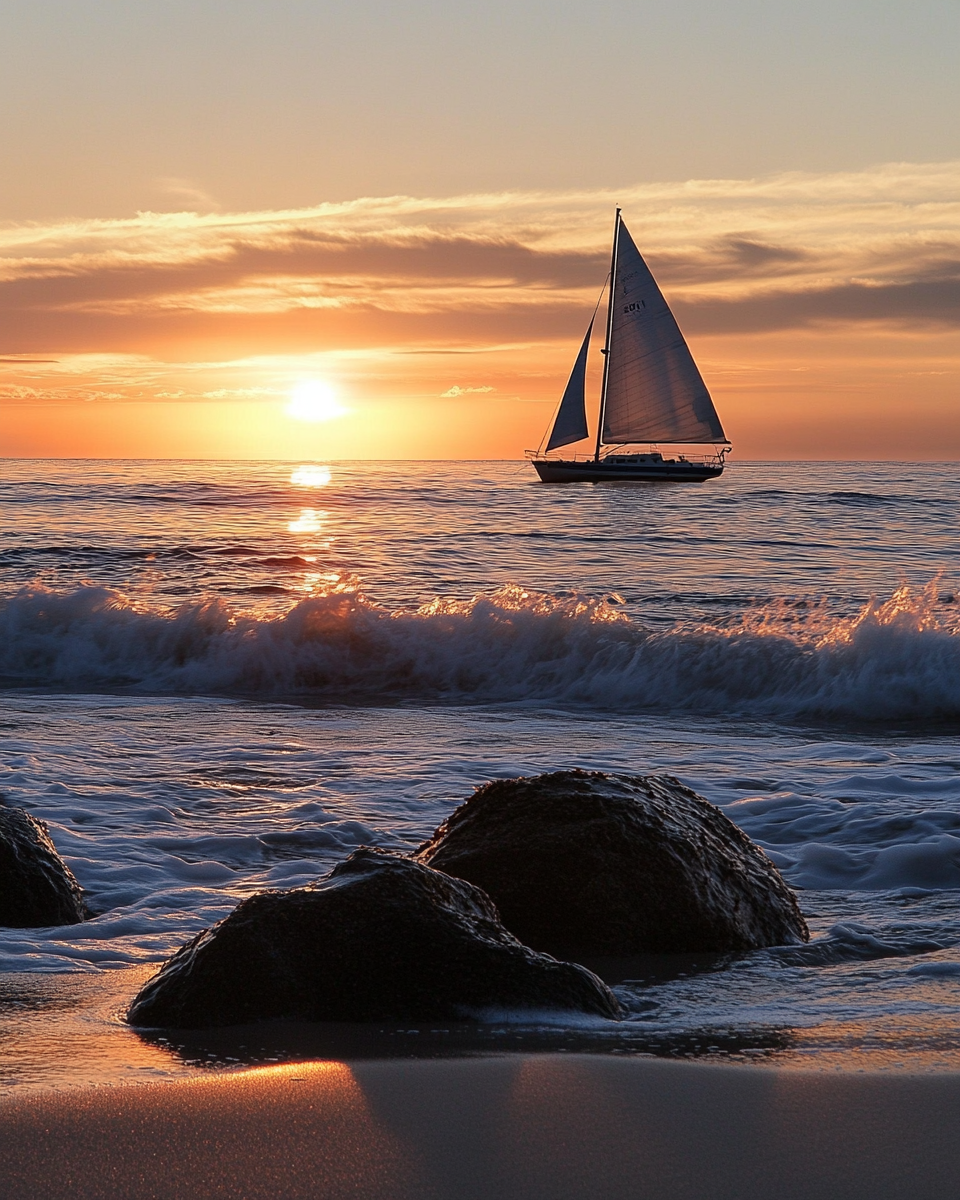 sailboat on horizon at sunset