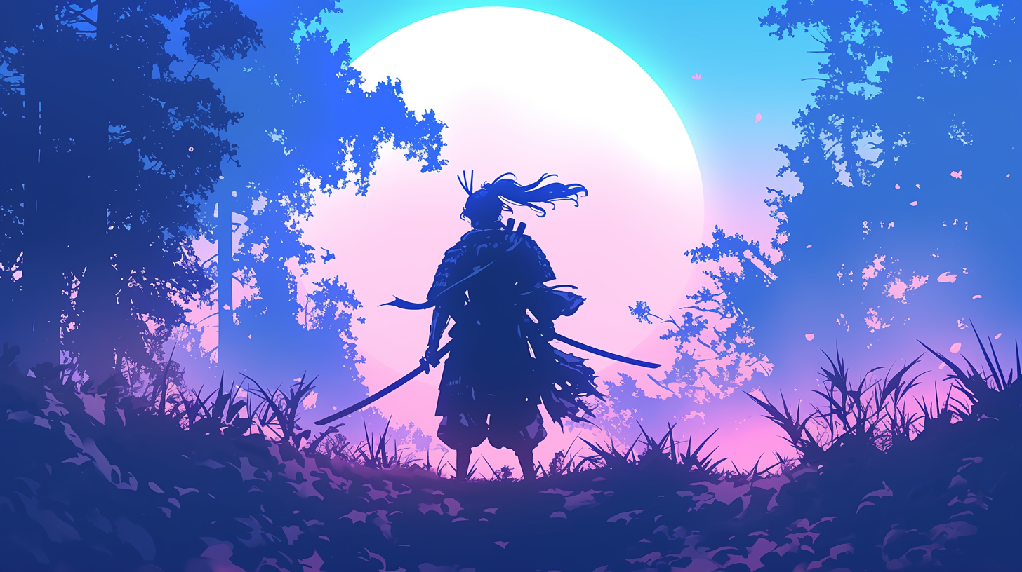 Strong Samurai Silhouette Moonlight Background