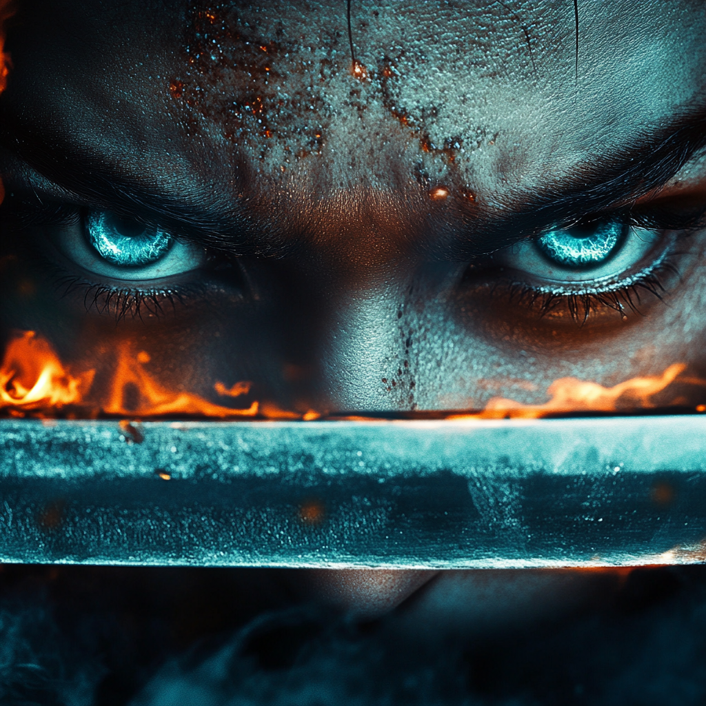 Samurai with burning katana and turquoise eyes