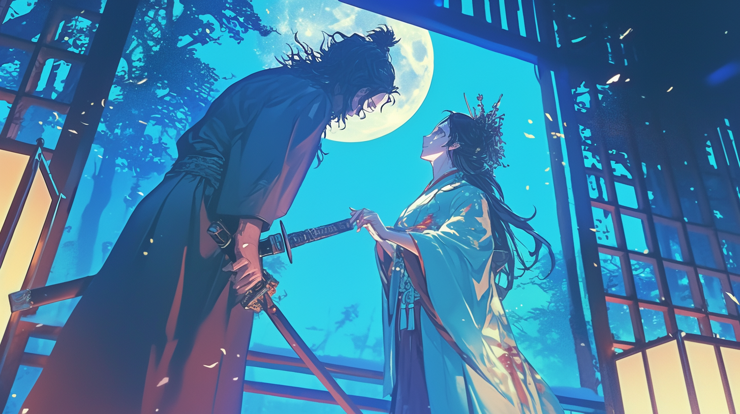 samurai princess smiling in moonlight