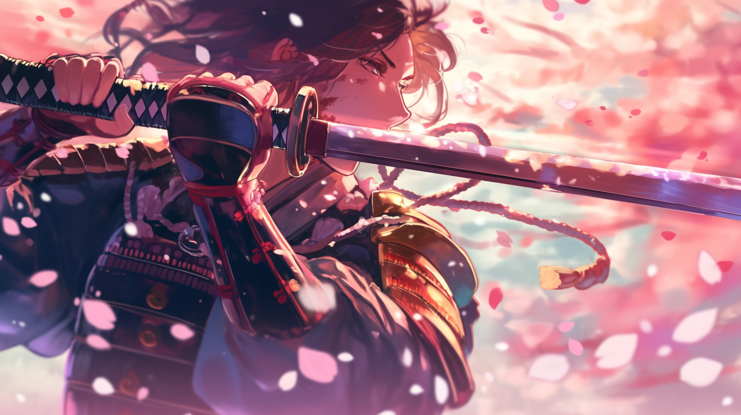 Samurai sharpening katana with cherry blossoms