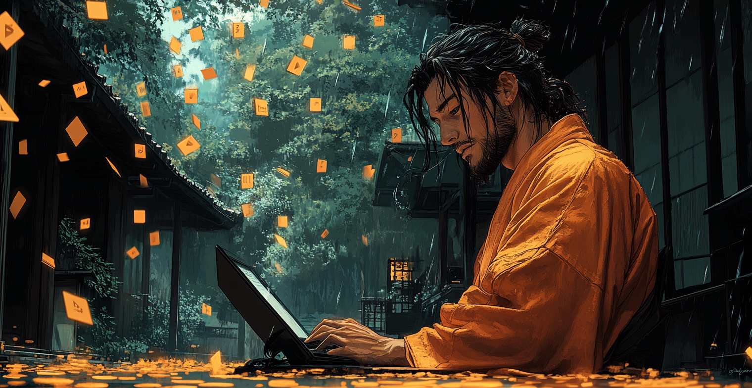 Samurai studying with Bitcoin and Ethereum