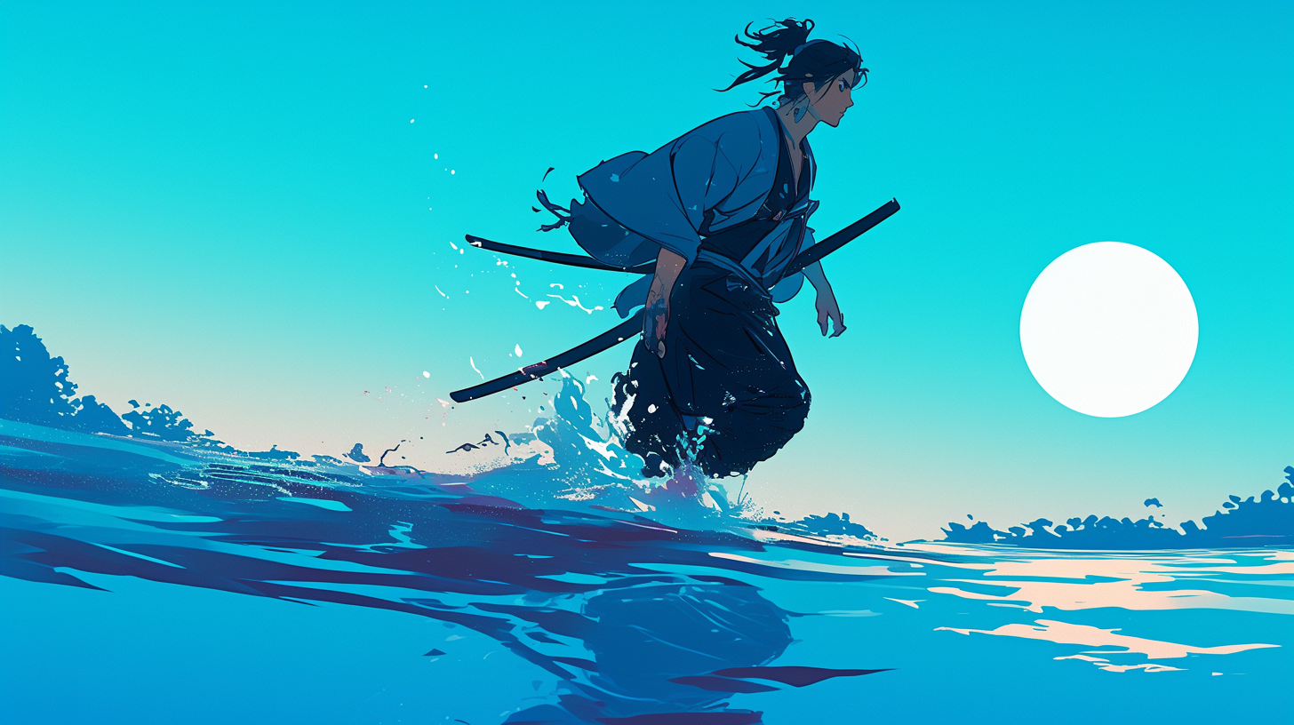 samurai in river moon reflection