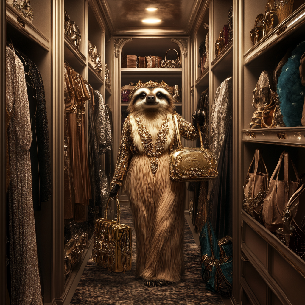 Sloth in luxury walk-in closet