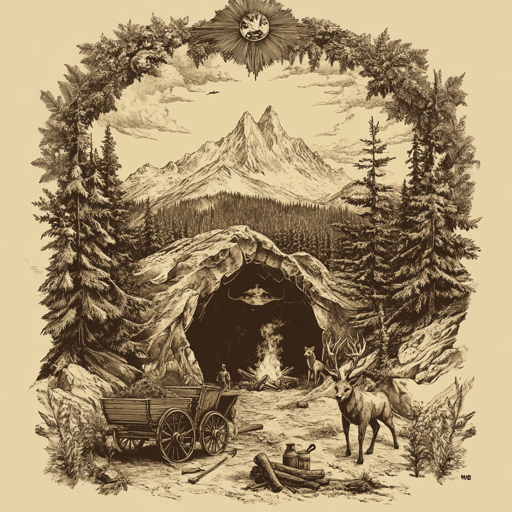 sepia western mining poster with Yggdrasil, mountain, animals.