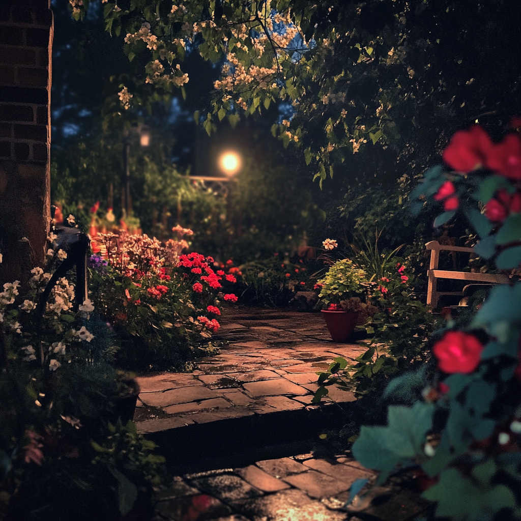 Tranquil moonlit garden with glowing flowers