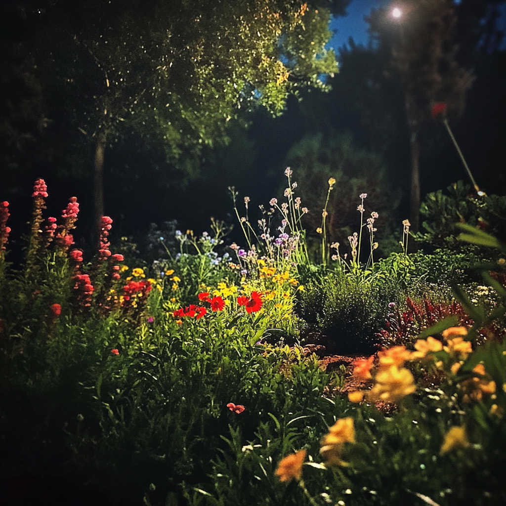 Nighttime garden with colorful flowers