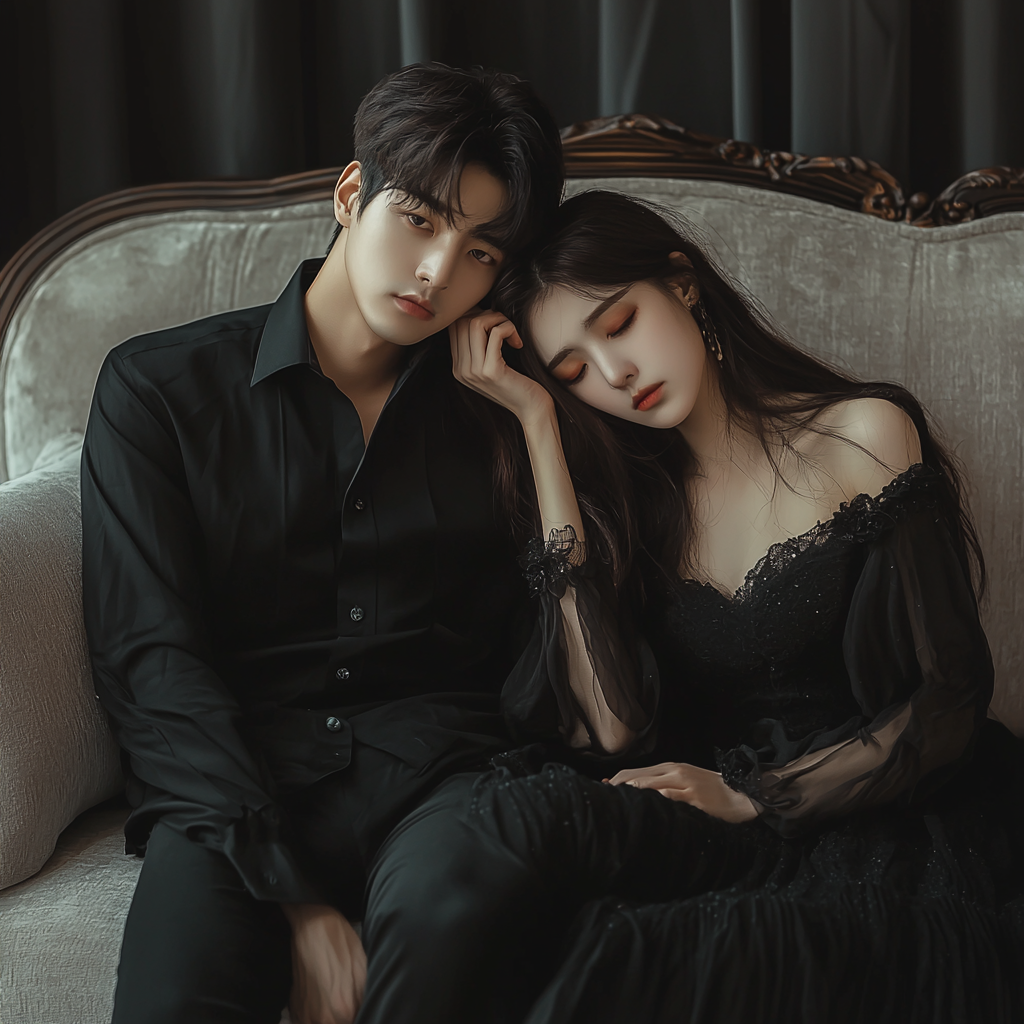 serious Korean man on light sofa with sad girl in black dress.