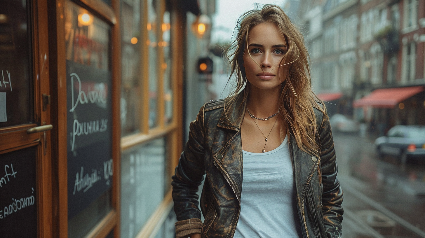 Woman in jeans, leather jacket