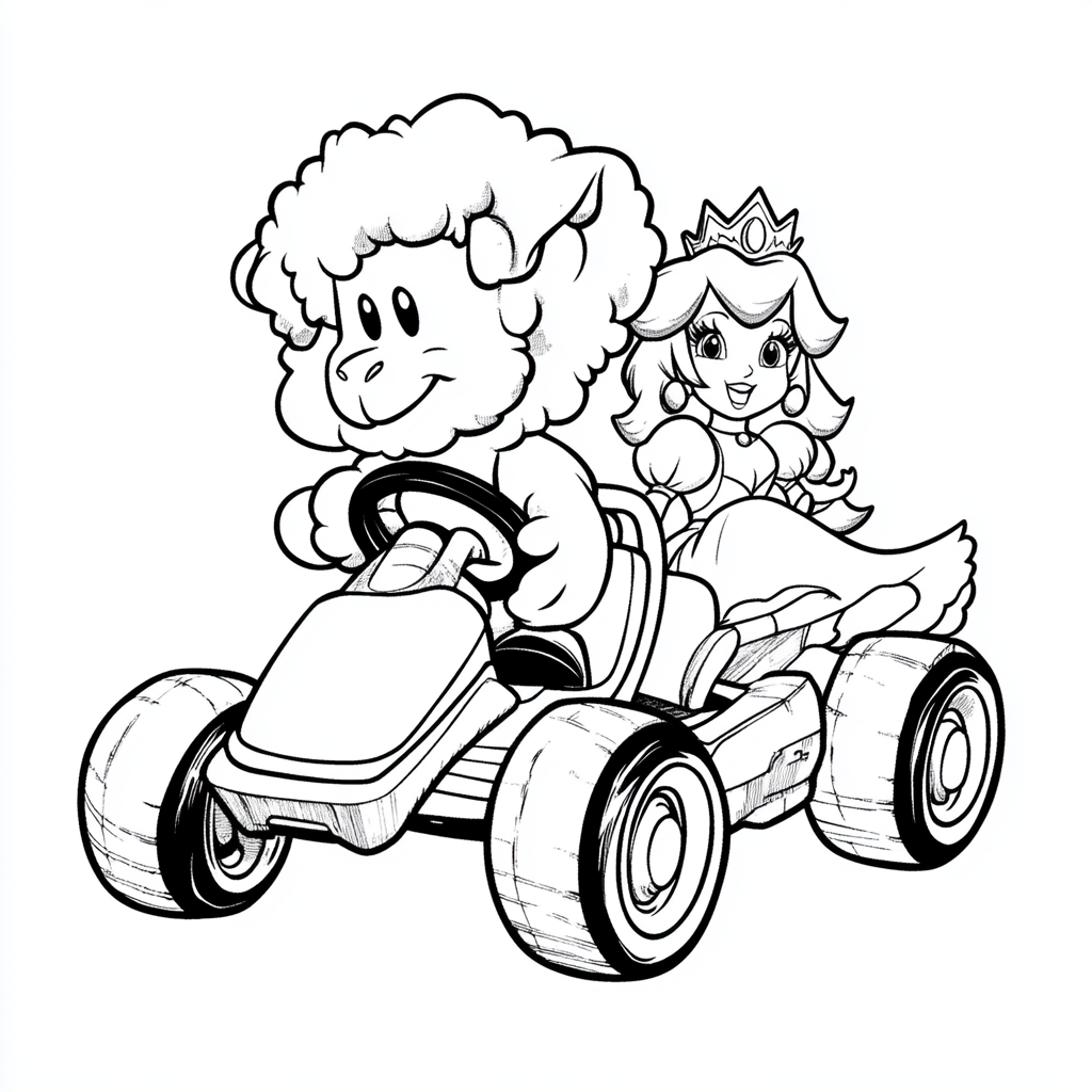 sheep, Mario Kart, Super Mario, Princess Peach, black white