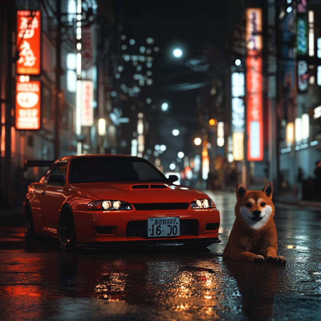 Shiba Inu near Japanese drift car