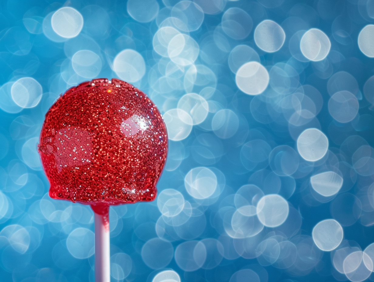 Shiny red glass lollipop on blue background