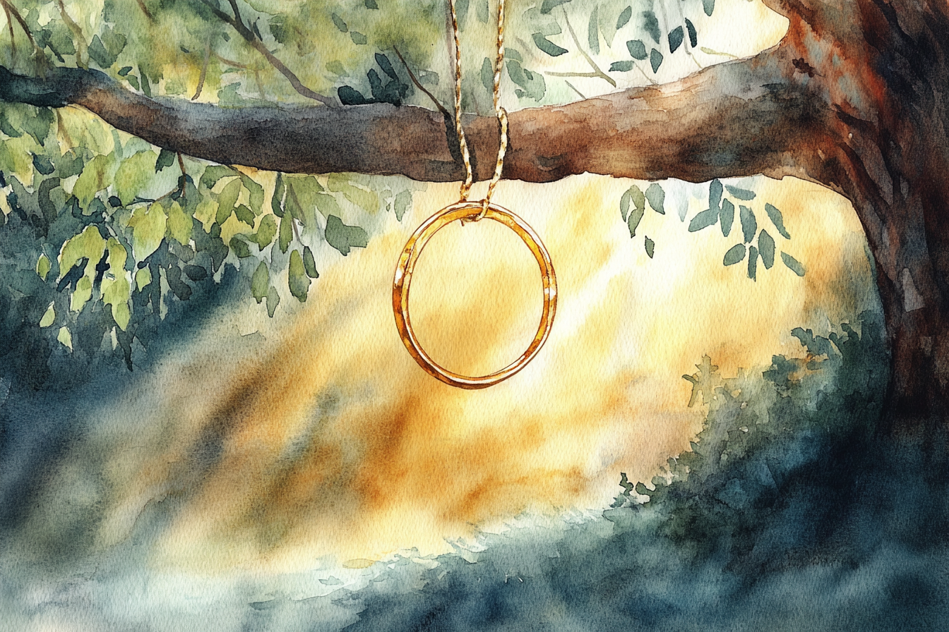 Shiny gold ring on tree branch