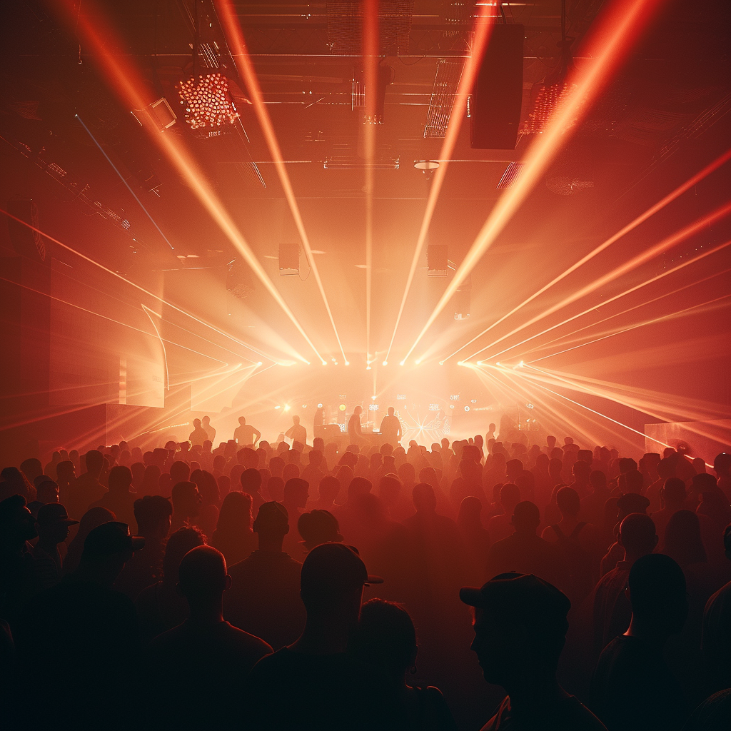 silhouettes dancing in hazy techno nightclub with low ceilings.