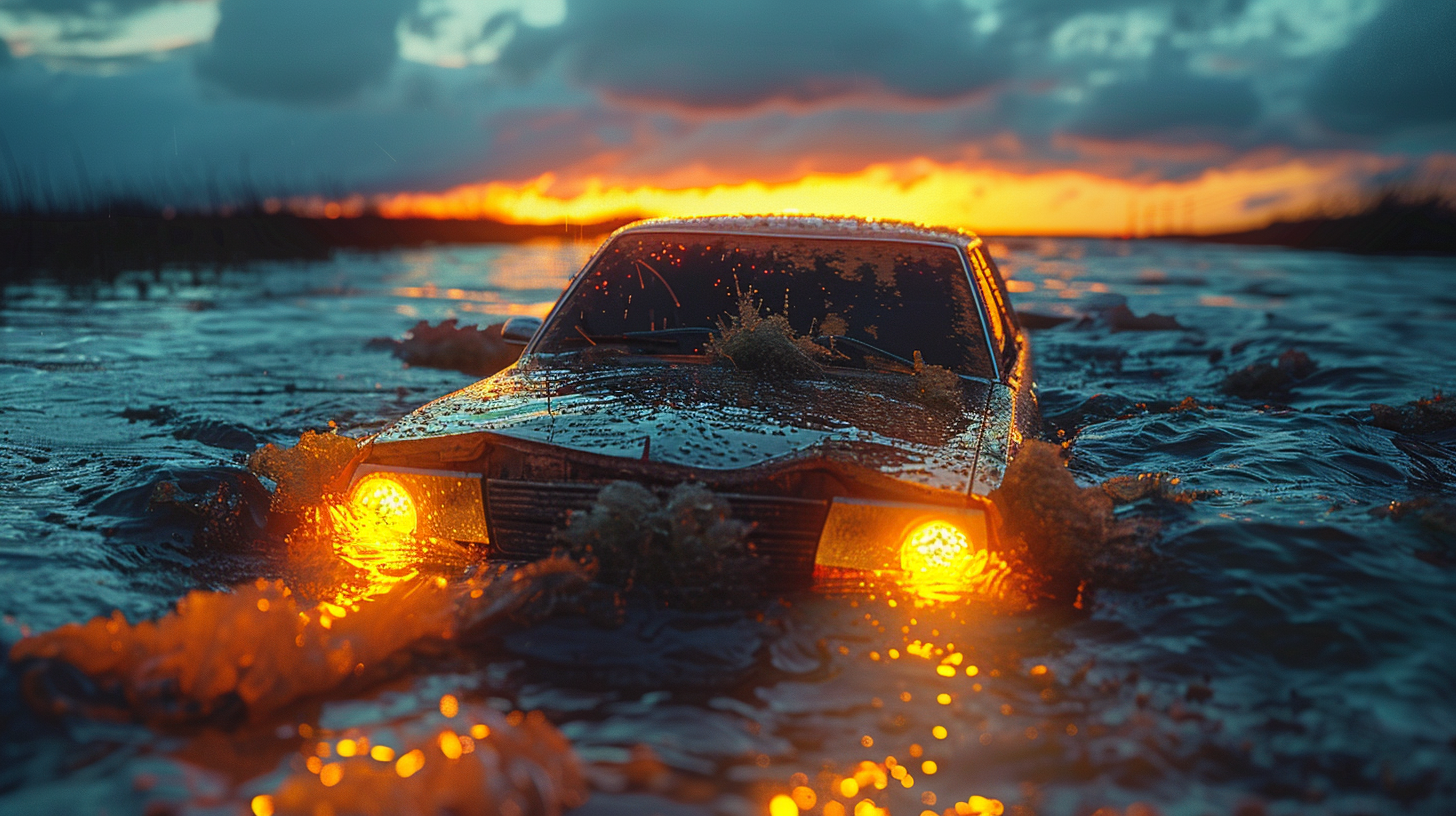 Car sinking in water at night